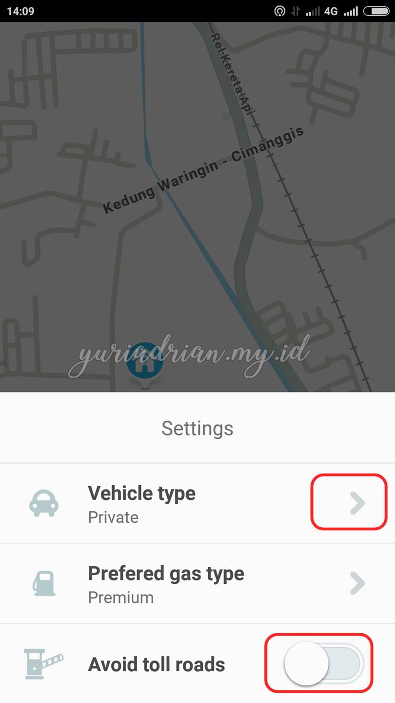 Tampilan menu Settings di aplikasi Waze untuk mengubah jenis kendaraan yang Anda gunakan