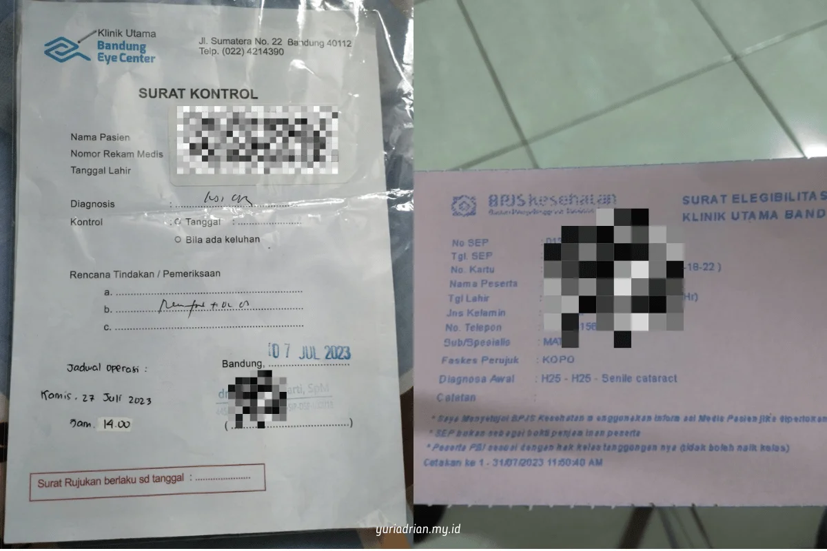 Surat Kontrol dan Surat Elegibilitas untuk operasi katarak di Klinik Bandung Eye Center